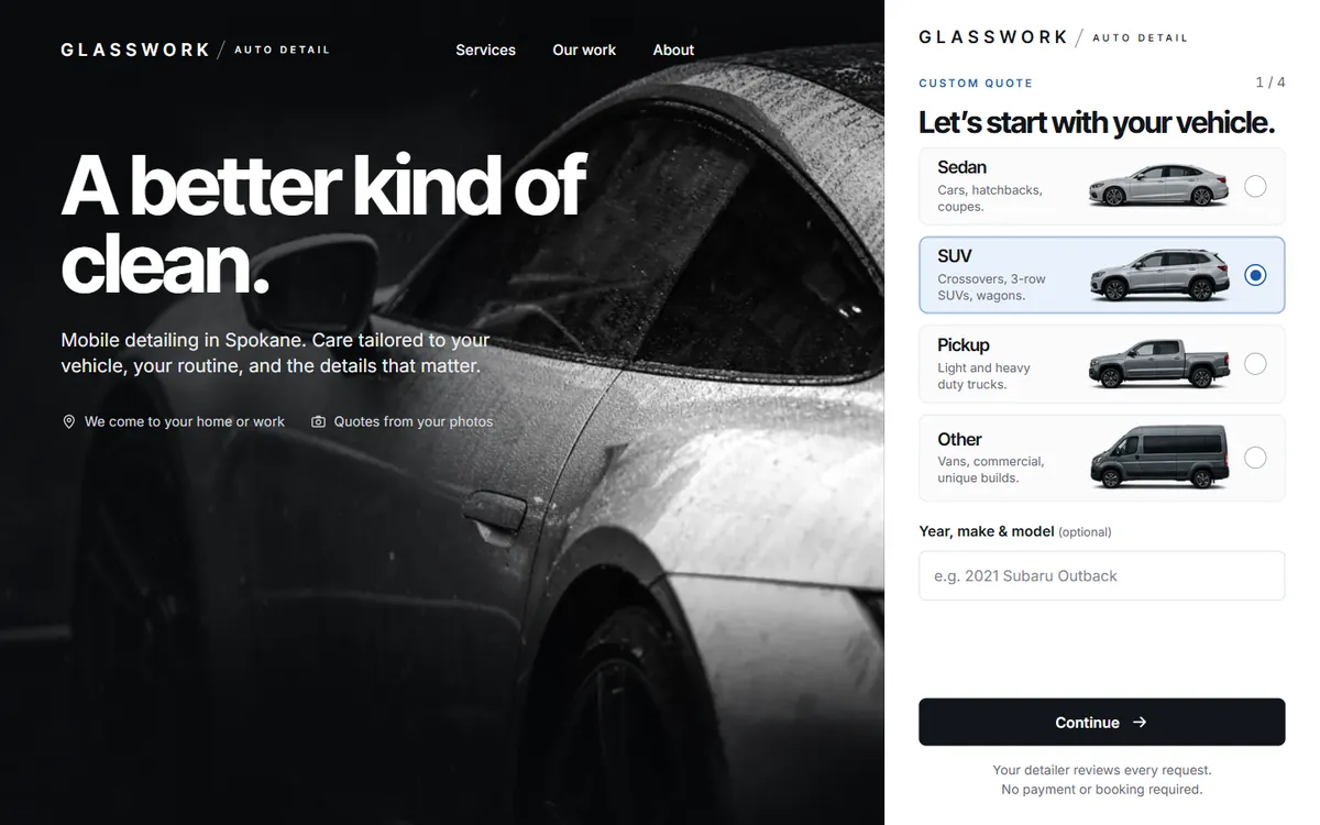 Glasswork Auto Detail sample homepage