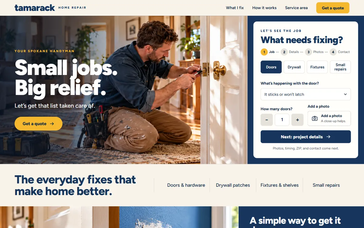 Tamarack Home Repair sample homepage