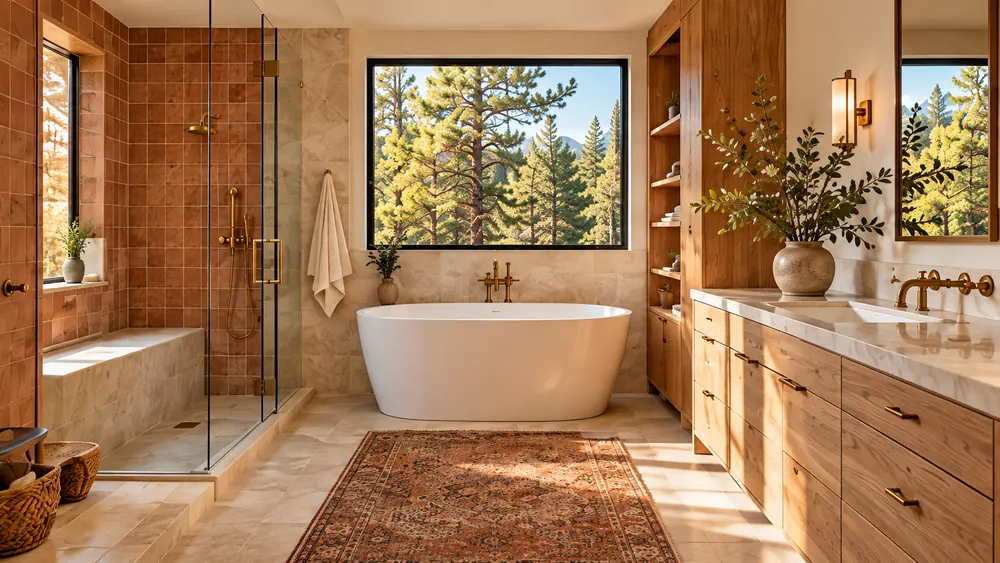 Bathroom with a freestanding tub, walk-in glass shower, wood vanity and a pine-view window