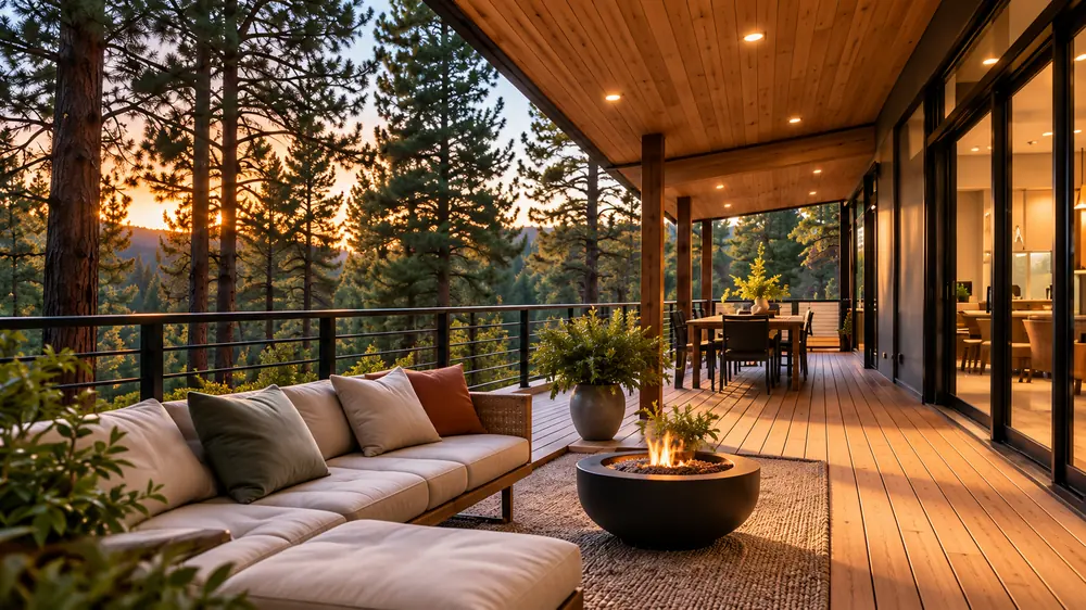 Covered cedar deck with an outdoor sofa and fire bowl among pines at golden hour