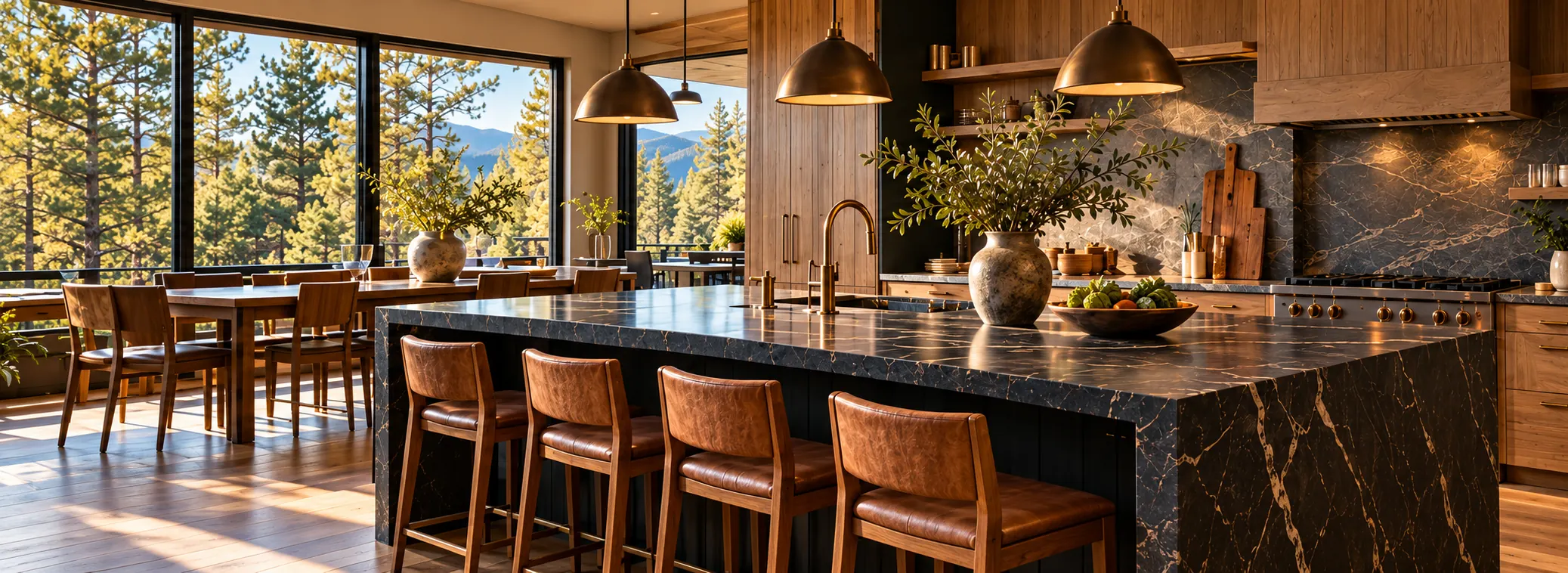 Remodeled kitchen with a black marble island, leather stools, copper pendants and pine trees through tall windows