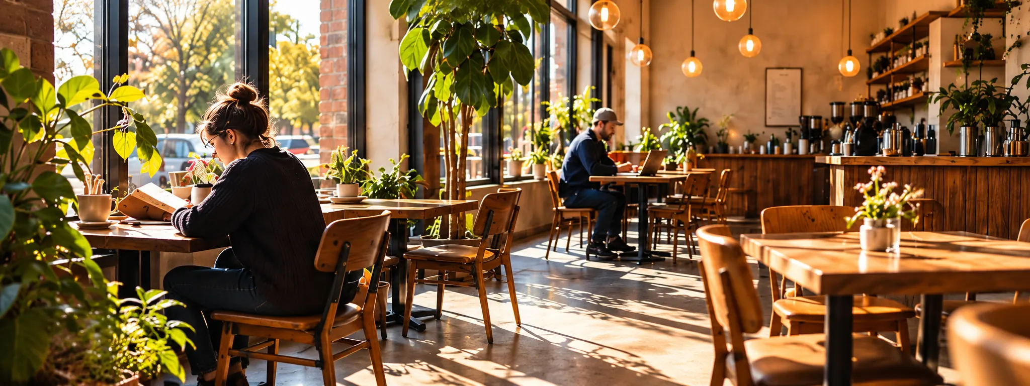 Sunlit café with plants, wood tables and people reading by tall windows