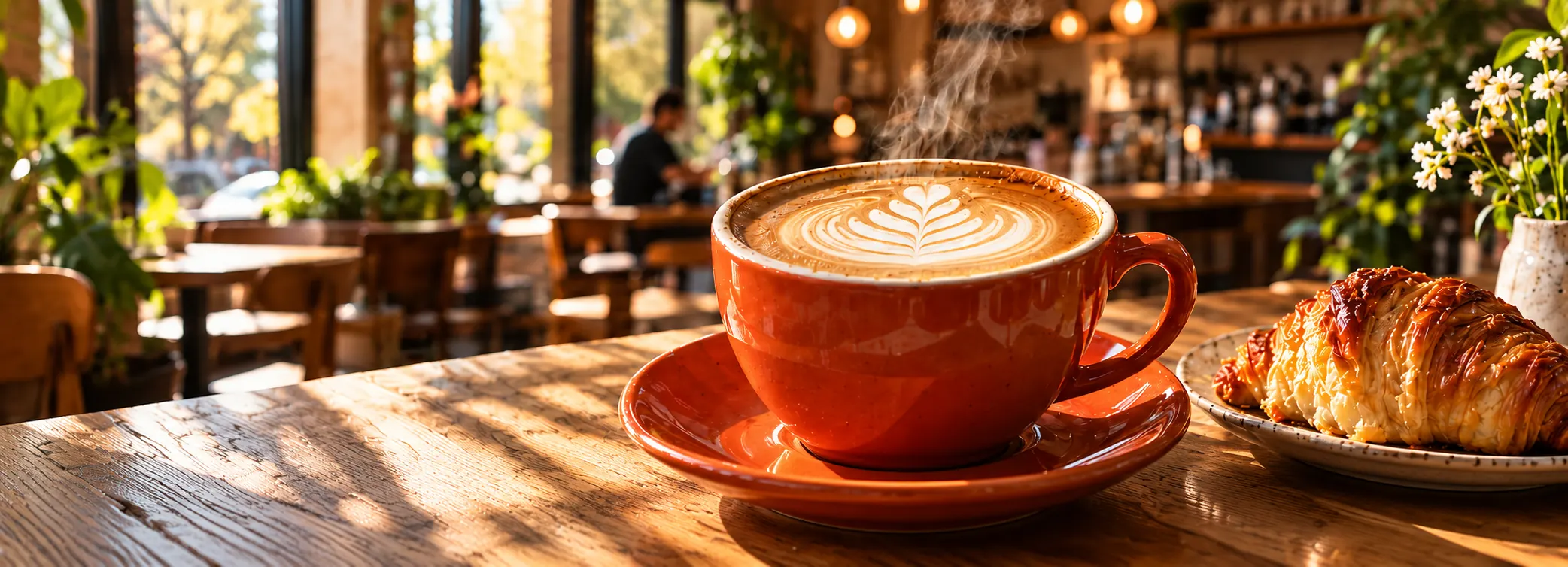 Latte with leaf art in an orange cup beside a croissant on a sunlit café table