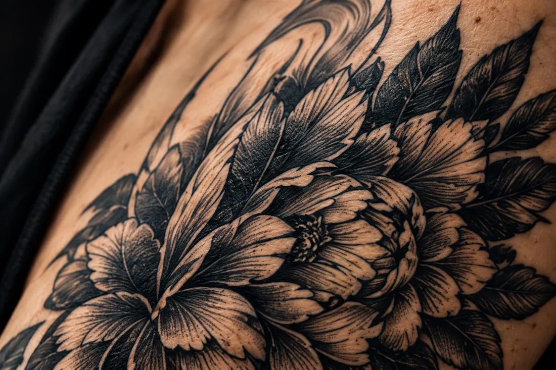 Close-up of a healed blackwork peony tattoo