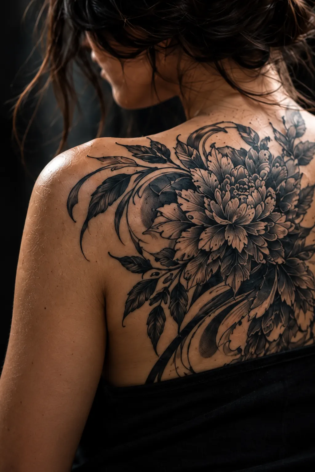 Large peony tattoo across a woman's shoulder and upper back