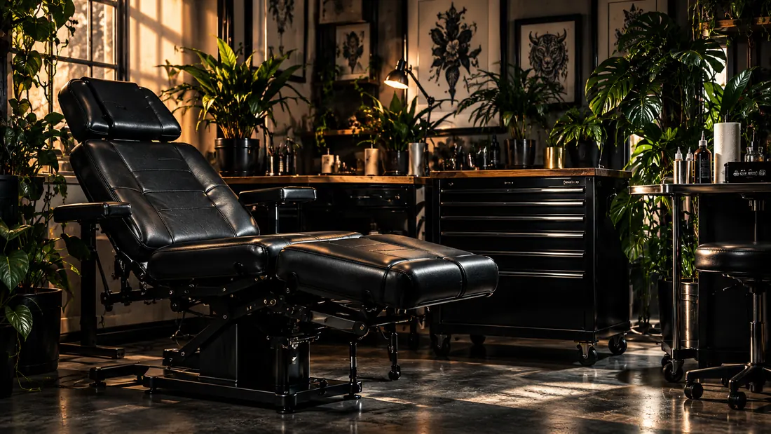 Black leather tattoo chair in a sunlit, plant-filled studio