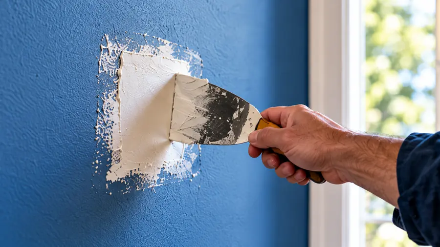 Hand smoothing a fresh drywall patch on a blue wall with a putty knife