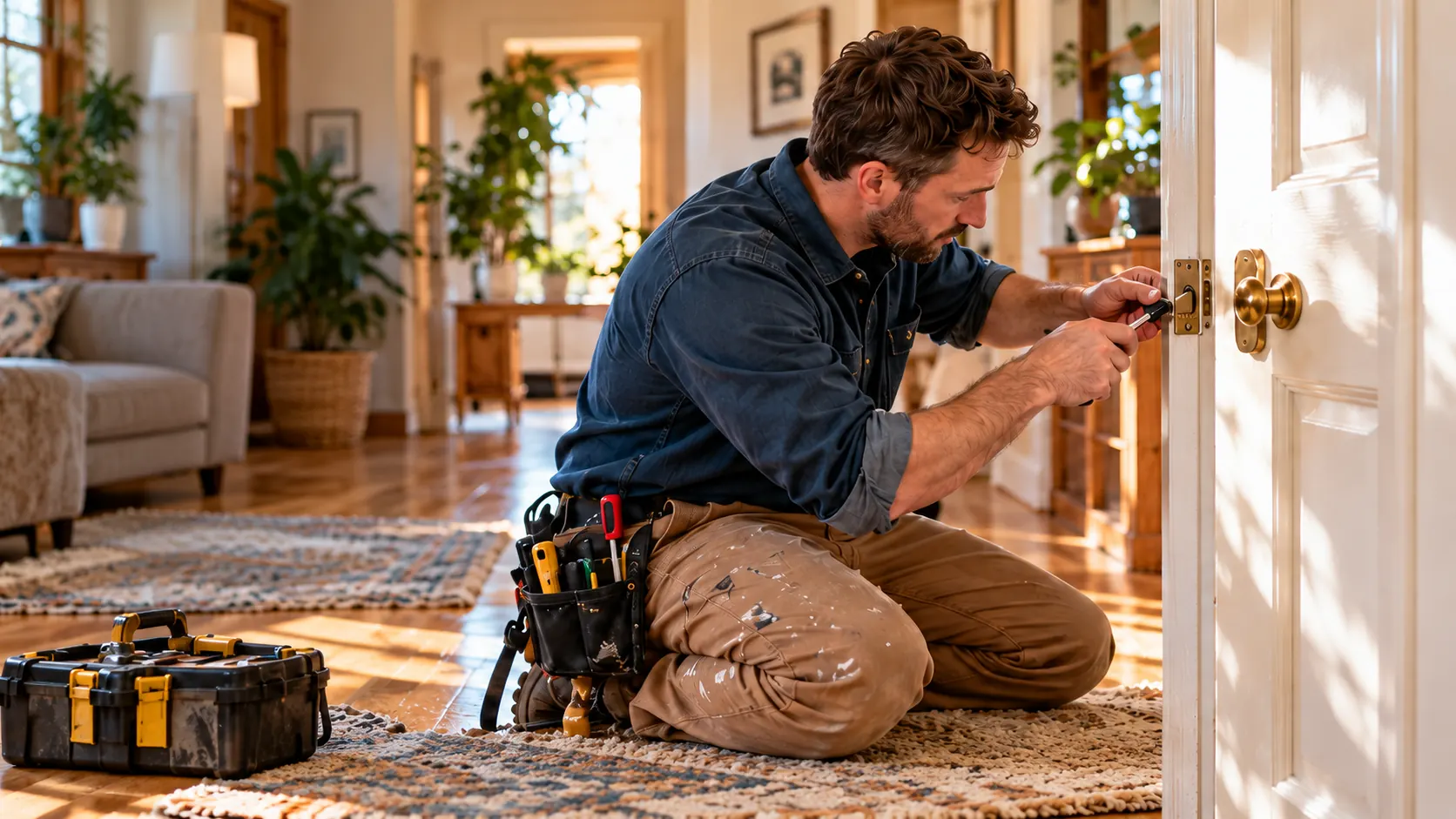 Handyman kneeling at a door, tightening a brass latch in a sunlit living room